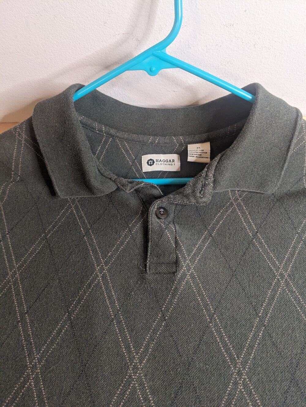 Haggar Polo Men's XL Diamond Striped Geometric Shirt Forest Green